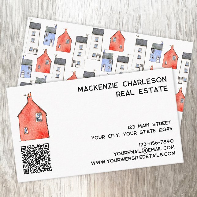 Watercolor House Art QR code Real Estate Business Card (Watercolor house art QR code custom text business card for real estate letting agent home services)