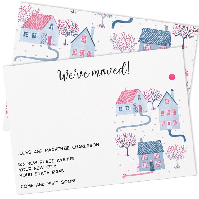 Watercolor House Change of Address Announcement (We have moved New Home moving announcement with custom text and house illustrations)