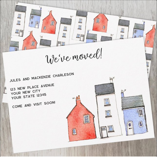 Watercolor House Change of Address Announcement (Watercolor houses personalized change of address moving announcement)