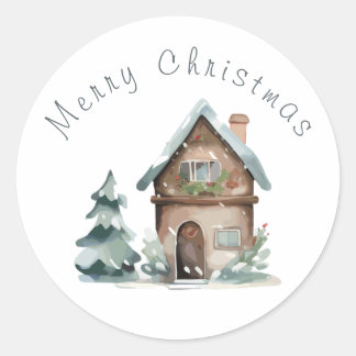 Watercolor House Christmas Classic Round Sticker