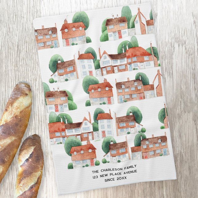 Watercolor House Home Art Personalized New Home Tea Towel (Traditional watercolor house and cottage art personalized kitchen tea towel for housewarming gifts)