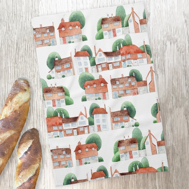 Watercolor House Home Art Tea Towel (Traditional watercolor houses, homes and cottages art kitchen tea towel)