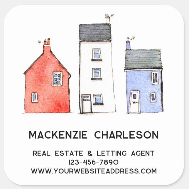 Watercolor House Home Real Estate Letting Agent Square Sticker (Watercolor house art custom text real estate letting agent building services business sticker)