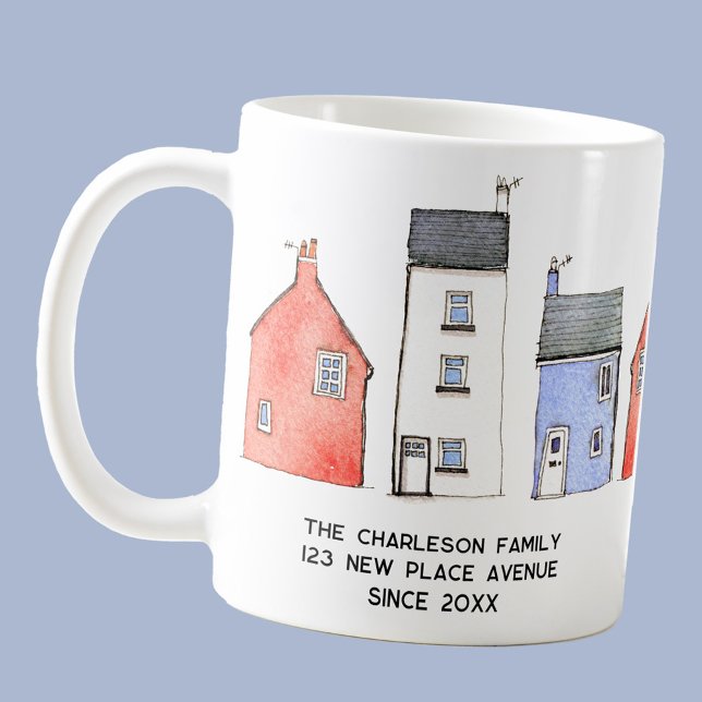 Watercolor House New Home Personalised Coffee Mug (Watercolor house and cottage art personalized name and address mug for new home or housewarming gift)