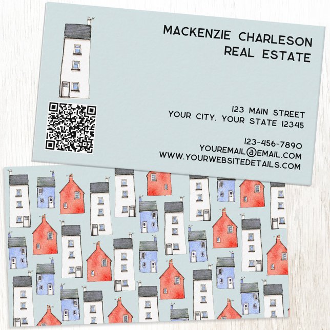 Watercolor House QR code Business Card (Watercolor house QR code custom business card for real estate agent, builder, home renovations)