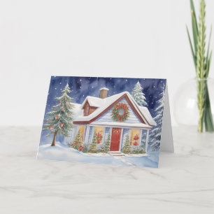 Watercolor House Winter Snow Christmas Holiday Card