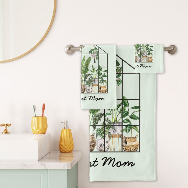 Watercolor Houseplant Best Plant Mum Bath Towel Set (In situ bathroom)