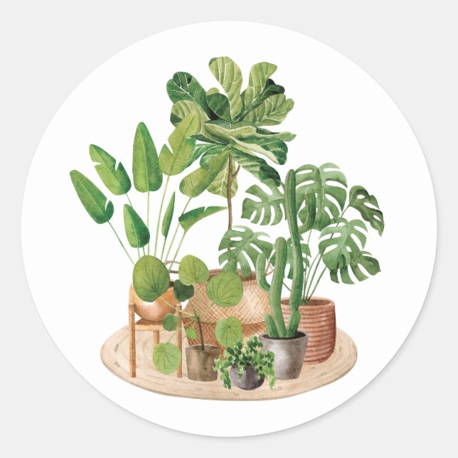 Watercolor Houseplants Classic Round Sticker (Front)