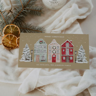 Watercolor Houses Beige Holiday Card