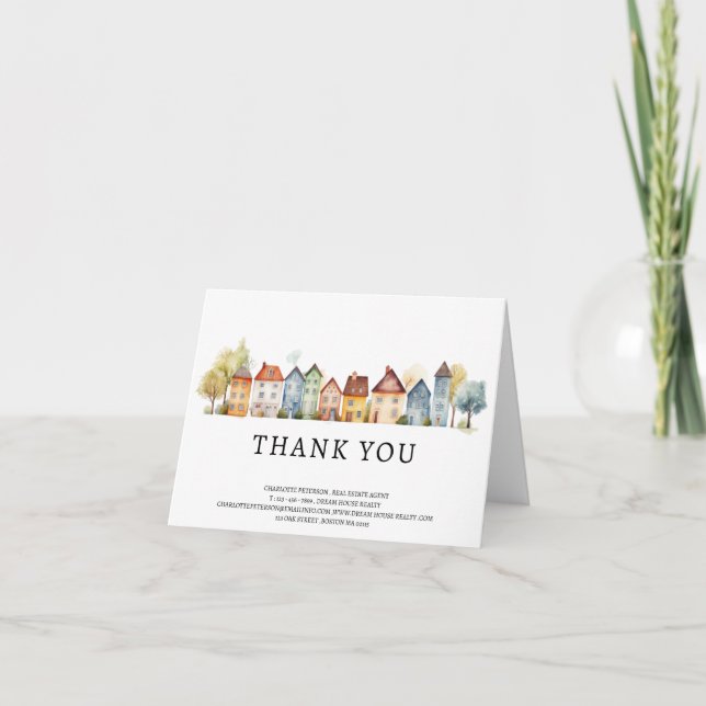 Watercolor Houses Real Estate  Thank You Card (Front)