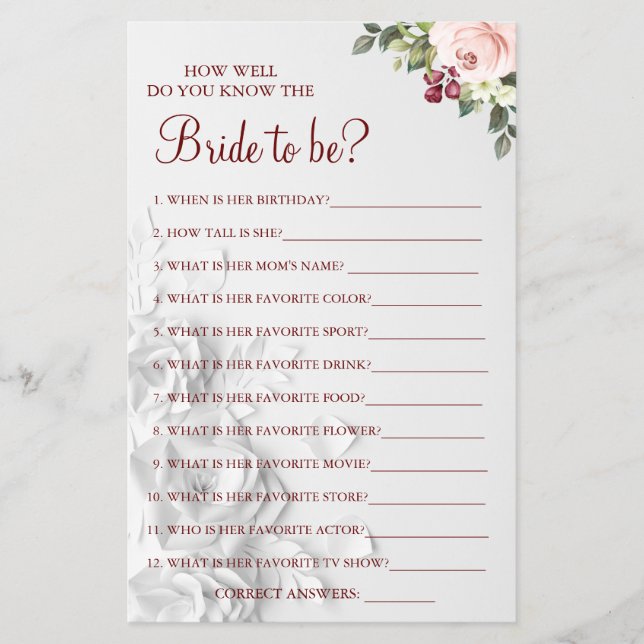 Watercolor  How well do you know bride game card (Front)