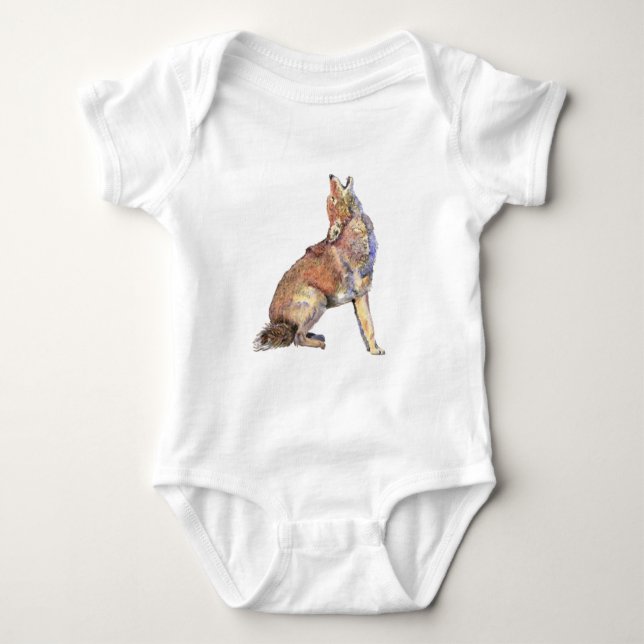 Watercolor Howling Coyote, Animal, Nature Wildlife Baby Bodysuit (Front)