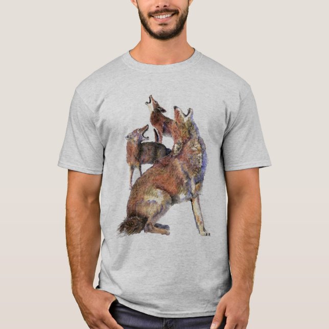 Watercolor Howling Coyotes Animal Nature Art T-Shirt (Front)
