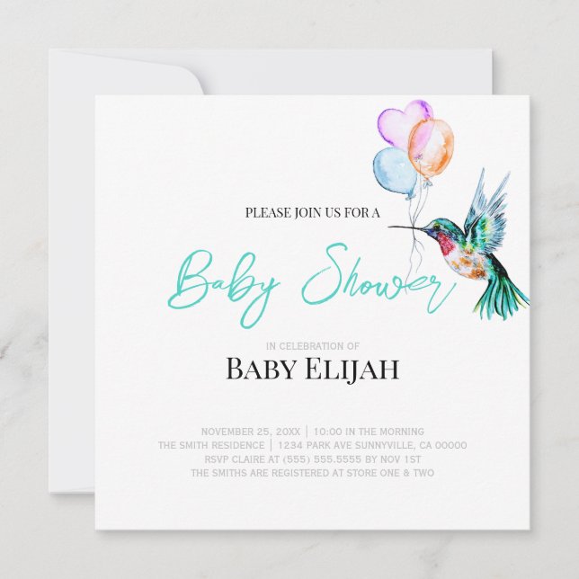 Watercolor Hummingbird and Balloons Baby Shower Invitation (Front)
