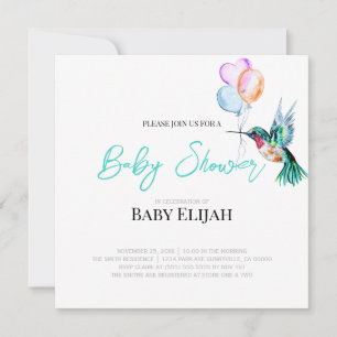 Watercolor Hummingbird and Balloons Baby Shower Invitation
