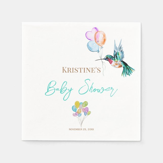 Watercolor Hummingbird and Balloons Baby Shower Napkin (Front)