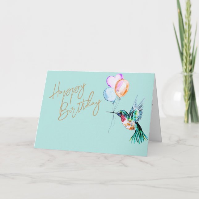 Watercolor Hummingbird and Balloons Birthday Card (Front)