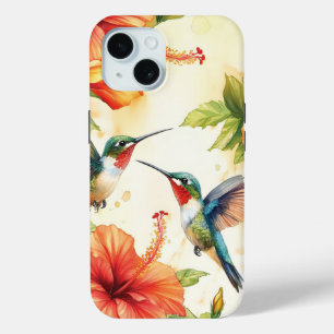 Watercolor Hummingbird and Flowers Design iPhone 15 Case