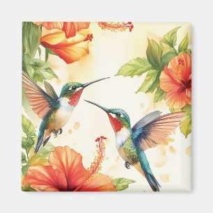 Watercolor Hummingbird and Flowers Design Magnet