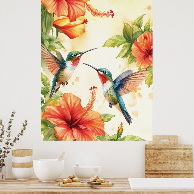 Watercolor Hummingbird and Flowers Design  Poster (Kitchen)