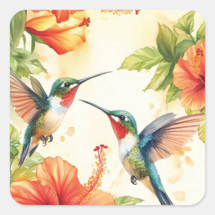 Watercolor Hummingbird and Flowers Design  Square Sticker