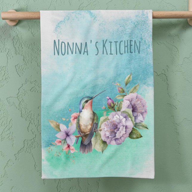 Watercolor Hummingbird and Flowers Personalised Tea Towel (Kitchen towel template of hummingbird and watercolor background.)