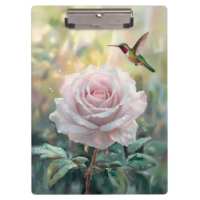 Watercolor Hummingbird and Pink Rose Clipboard (Front)