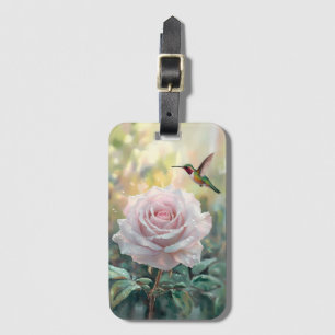 Watercolor Hummingbird and Pink Rose Luggage Tag