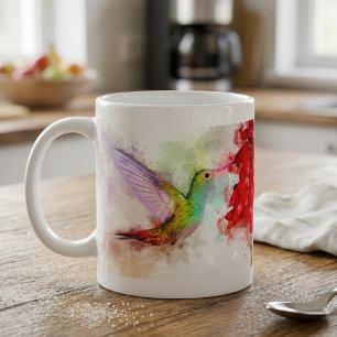 Watercolor Hummingbird Feeding on Red Flower Coffee Mug