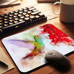 Watercolor Hummingbird Feeding on Red Flower Mouse Pad