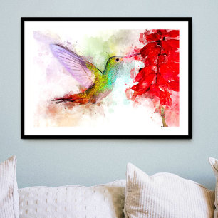 Watercolor Hummingbird Feeding on Red Flower Photo Print
