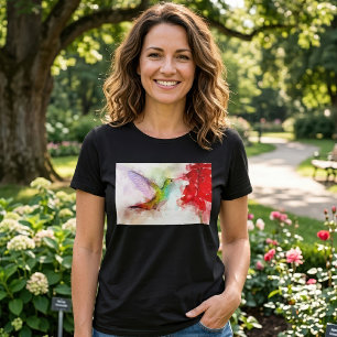 Watercolor Hummingbird Feeding on Red Flower T-Shirt