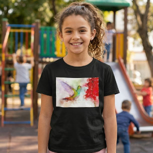 Watercolor Hummingbird Feeding on Red Flower T-Shirt