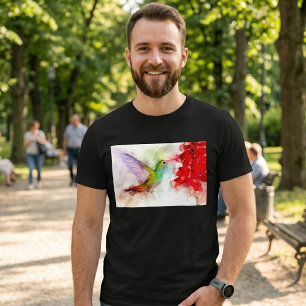 Watercolor Hummingbird Feeding on Red Flower T-Shirt