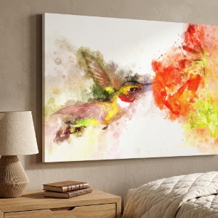 Watercolor Hummingbird Feeding on Vibrant Flower Canvas Print