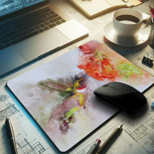 Watercolor Hummingbird Feeding on Vibrant Flower Mouse Pad