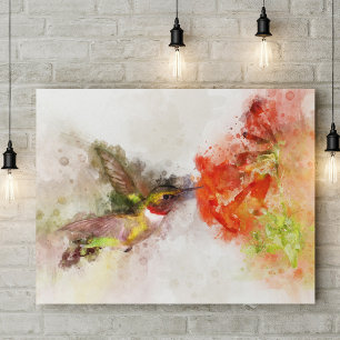 Watercolor Hummingbird Feeding on Vibrant Flower Photo Print