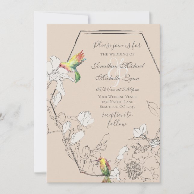 Watercolor Hummingbird Floral Geometric Wedding Invitation (Front)