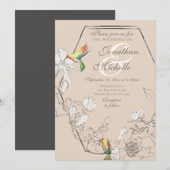 Watercolor Hummingbird Floral Geometric Wedding Invitation (Front/Back)