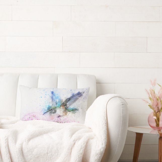 Watercolor Hummingbird on Flowers | Custom Lumbar Cushion (Couch)