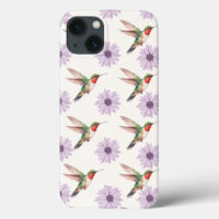 Watercolor Hummingbird & Purple Daisy Pattern 