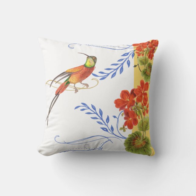 Watercolor Hummingbird Swirl Red Geranium Flowers Outdoor Cushion (Front)