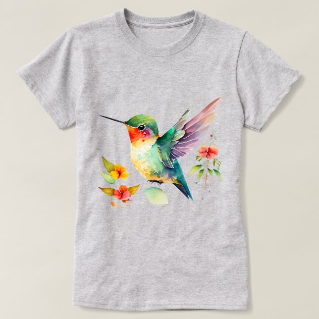  Watercolor Hummingbird With Colourful Flowers T-Shirt (Design Front)