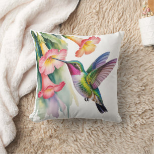 Watercolor Hummingbird with Florals Cushion