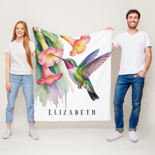 Watercolor Hummingbird with Florals Fleece Blanket