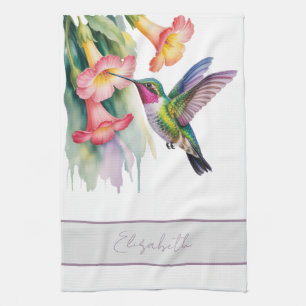 Watercolor Hummingbird with Florals Tea Towel