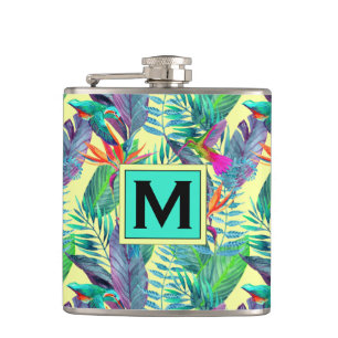 Watercolor Hummingbirds Add Your Initial Hip Flask