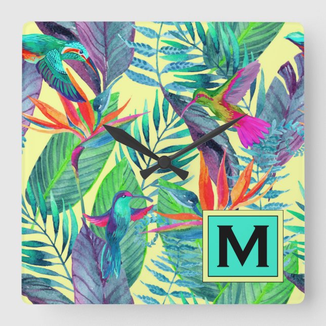 Watercolor Hummingbirds | Add Your Initial Square Wall Clock (Front)