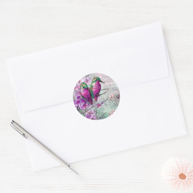 Watercolor Hummingbirds with Pink Spring Flowers Classic Round Sticker (Envelope)