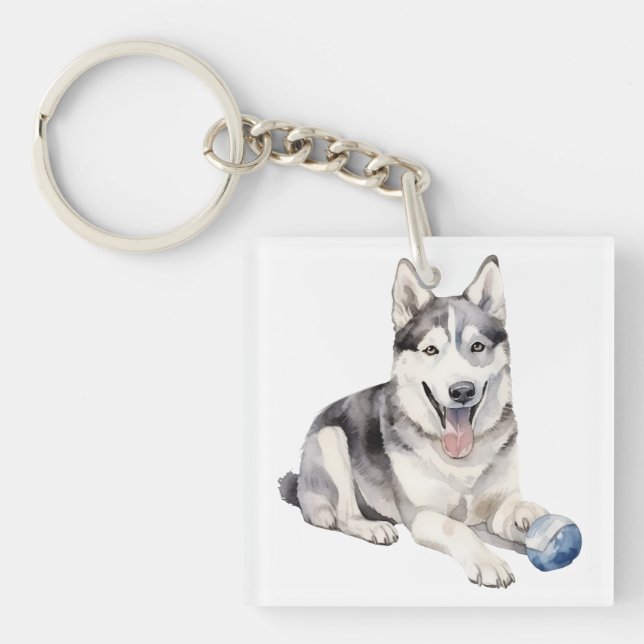 Watercolor Husky Dog Key Ring (Front)